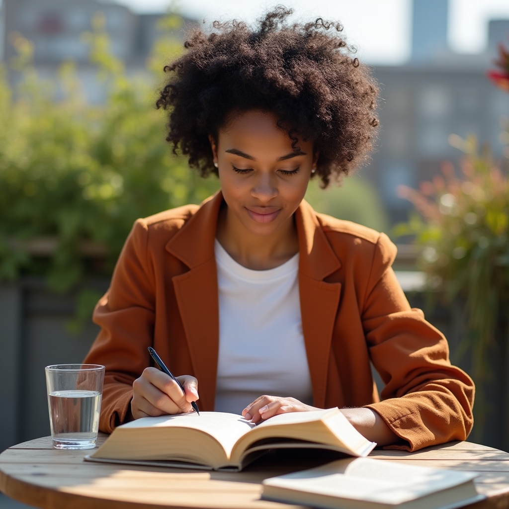 Person reading a behavioural economics book at a sunlit outdoor table