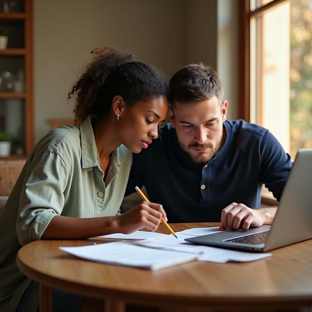 A couple sitting at a kitchen table reviewing finances together