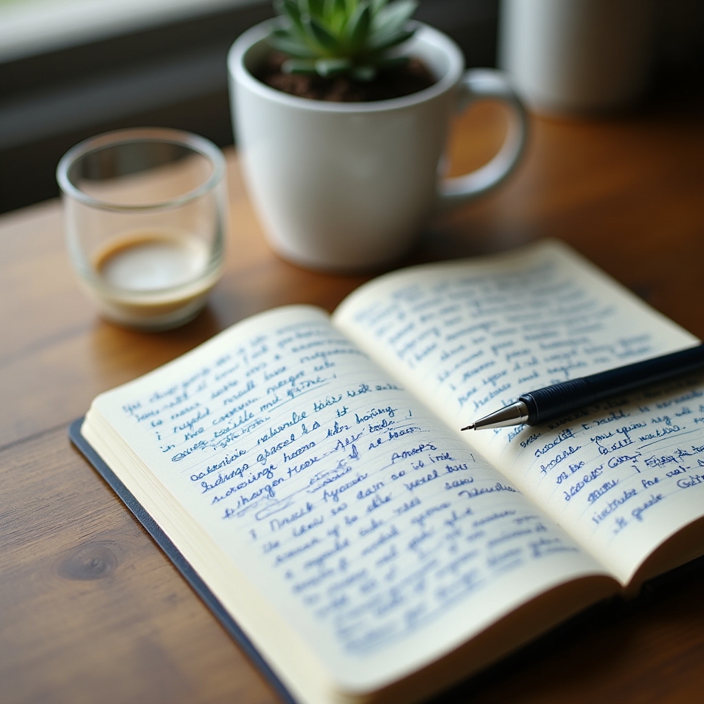 Open journal with handwritten notes about financial goals and personal reflections