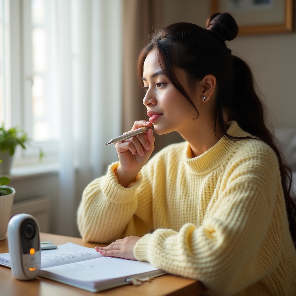 New parent writing in a budget notebook beside a baby monitor