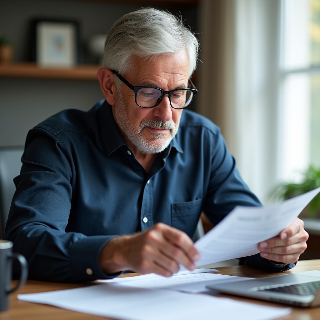 Person in their mid-fifties reviewing documents at a well-lit home office desk