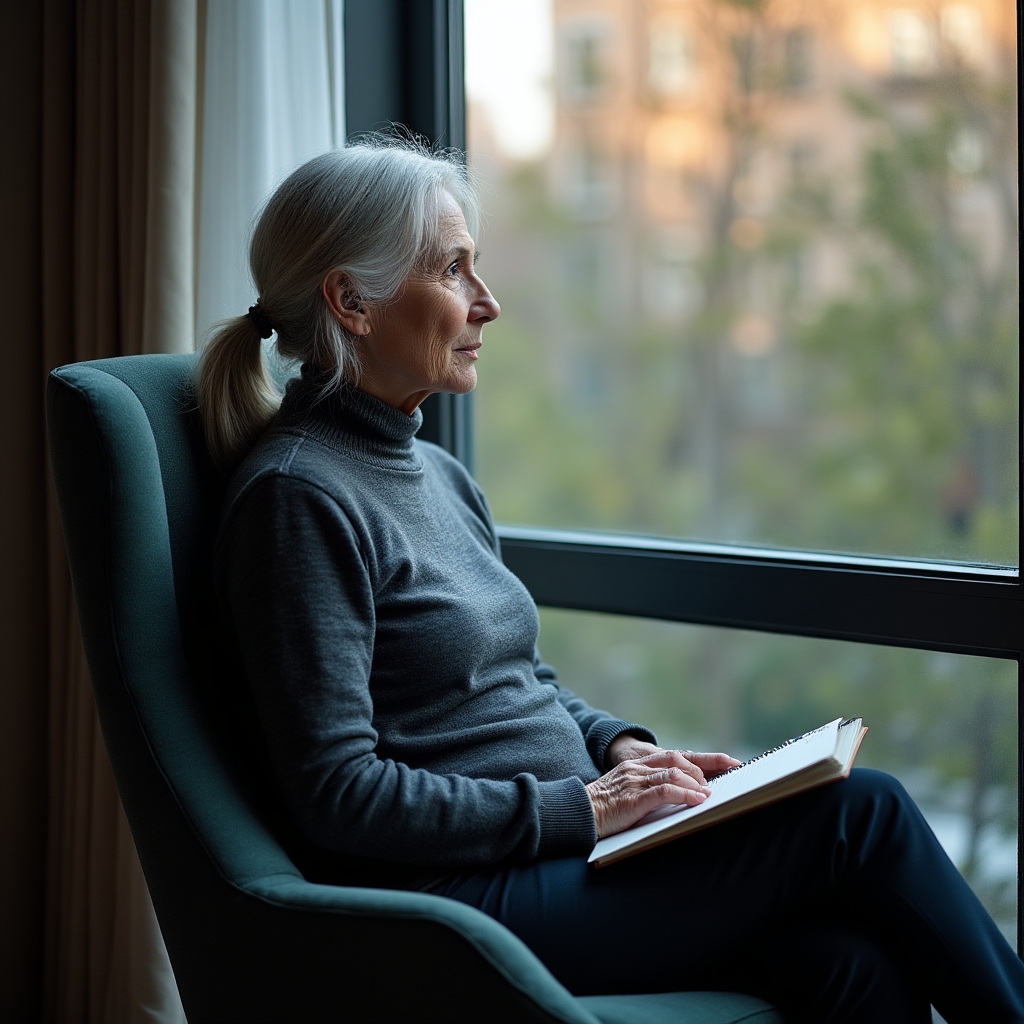 Person in their late fifties sitting quietly at a window in contemplation
