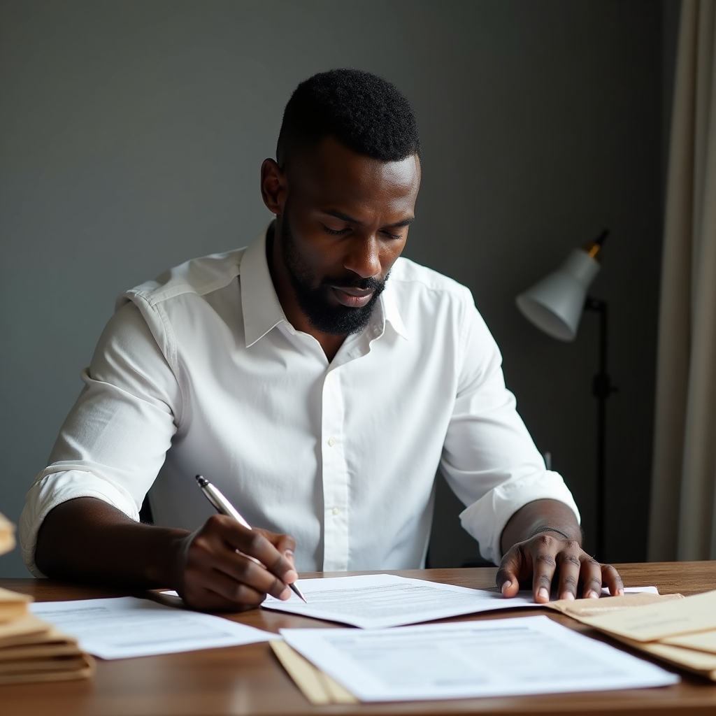 Person sorting through financial documents and folders alone at a desk